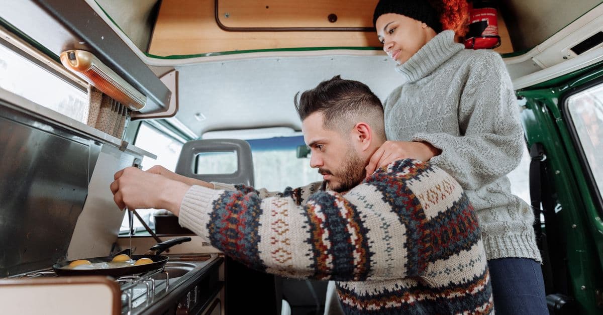 The interior of a camper van on a cold morning