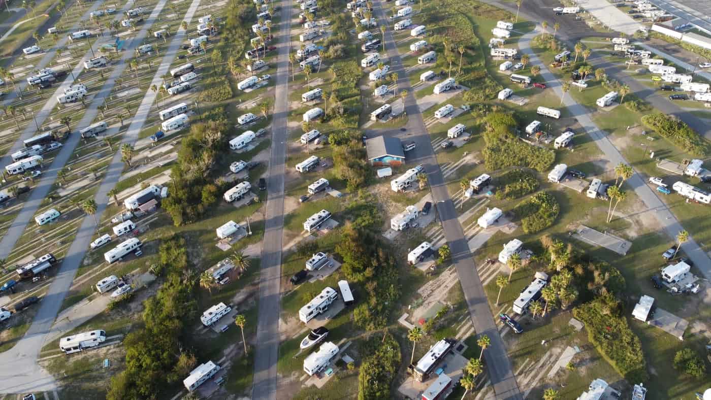 A motorhome parked at a quiet campground
