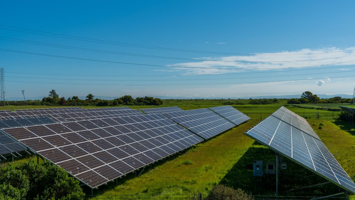 Solar panels angled toward a clear sky in open ground